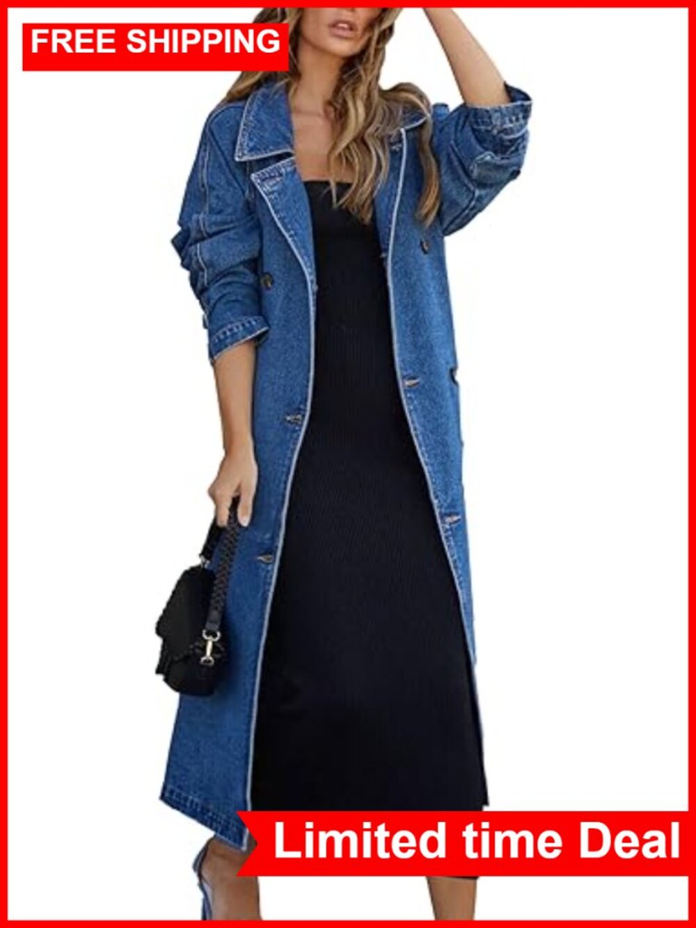 Double Breasted Notched Collar Denim Jacket Trench Coat with Belt